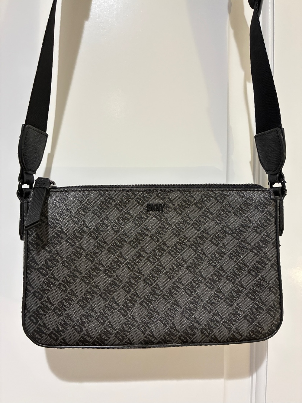 DKNY Black Jacquard Logo Crossbody Bag Adjustable Guitar Strap Purse
